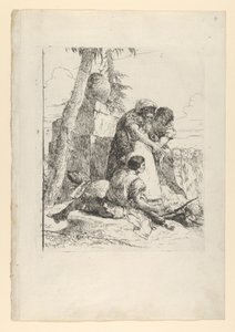Magier, der auf einen brennenden Kopf zeigt, zu zwei Jugendlichen, aus den Scherzi, ca. 1743-50