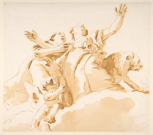 Zwei Frauen, ein Löwe und ein Putto auf Wolken