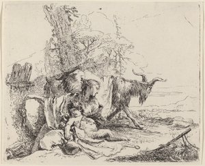 Frau, Satyrkind und Ziege in einer Landschaft