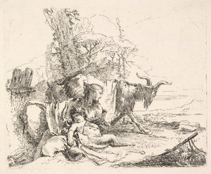 Frau und Säuglingssatyr in einer Landschaft, die Frau dreht sich um, um über ihre linke Schulter zu schauen, ca. 1740-42