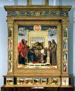 Krönung der Jungfrau mit den Heiligen Paulus, Petrus, Hieronymus und Franz von Assisi mit Szenen aus dem Leben der Heiligen im Predella-Panel, bekannt als der Pala di Pesaro Altar, um 1474