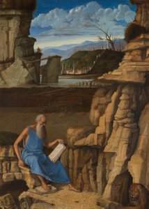 Der heilige Hieronymus liest in einer Landschaft, um 1480-5