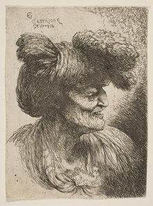 Büste eines bartlosen alten Mannes im Profil nach rechts, aus der Serie der kleinen Köpfe, ca. 1645-1650