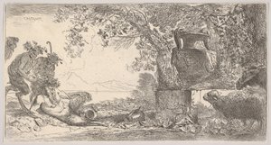 Pan ruht links mit zwei stehenden Satyrn, eine große Vase auf einem Sockel rechts, ca. 1645 von Giovanni Benedetto Castiglione