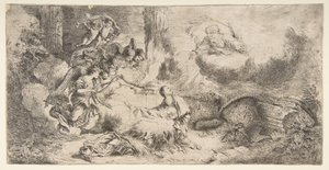 Die Jungfrau und das Kind, Gottvater oben rechts, Engel links von Giovanni Benedetto Castiglione