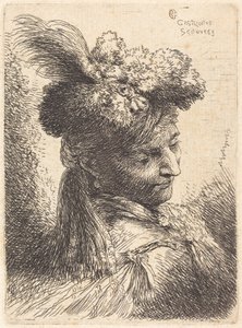 Junger Mann mit einer Pelzkopfbedeckung und einem Stirnband, nach rechts gewandt von Giovanni Benedetto Castiglione