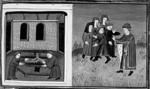 Dekameron, Giovanni del Bragoniera und Biagio Pizzini stehlen die Reliquie von Bruder Ciboule; der Bruder markiert die Kleidung der Dorfbewohner mit Kohlen. Sechster Tag, Novelle 10 von Giovanni Boccaccio