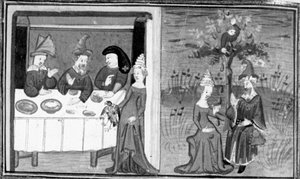 Dekameron, Lidia tötet den Sperber ihres Mannes; die Frau unterhält sich mit ihrem Mann auf der Wiese. Siebter Tag, Novelle 9 von Giovanni Boccaccio