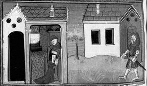 Dekameron, Arimino hört das Geständnis seiner Frau; der Mann hält Wache an der Tür des Hauses. Siebter Tag, Novelle 5 von Giovanni Boccaccio