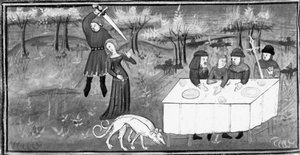 Dekameron, Männer bei einem Bankett beobachten einen Ritter, der ein junges Mädchen angreift. Fünfter Tag, Novelle 8 von Giovanni Boccaccio