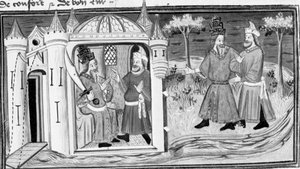 Decameron, Melchisedech erzählt Saladin das Gleichnis von den drei Ringen; die beiden Männer werden Freunde. Erster Tag, Geschichte 3. von Giovanni Boccaccio