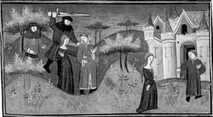 Dekameron, Pietro Boccamazza und Agnolella werden im Wald angegriffen; das Paar findet sich wieder. Fünfter Tag, Novelle 3. von Giovanni Boccaccio