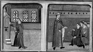 Dekameron, Ein Stallknecht klopft als König verkleidet an die Tür der Königin; der König konfrontiert seine Diener. Dritter Tag, Novelle 2. von Giovanni Boccaccio