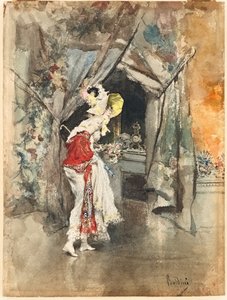 Eine elegante Frau in einem Innenraum, ca. 1873