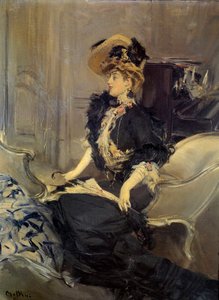 Belle Epoque: „Der Besuch“ Elegante junge Frau im Abendkleid. Gemälde von Giovanni Boldini