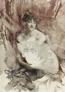 Frau mit Fächer in einer Theaterloge, Gräfin von Rasti, ca. 1878