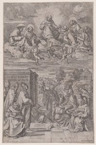 Geistliche in einer Landschaft beim Schreiben, andere im himmlischen Reich darüber, ca. 1650 von Giovanni Cesare Testa