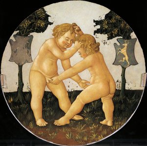Putti spielen, Detail von der Rückseite eines Geburtsbretts (rundes Gemälde), um 1450