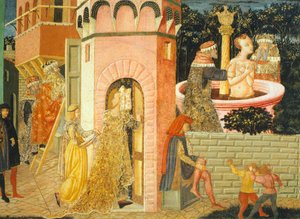 Geschichten von Susanne, um 1450, rechte Seite einer bemalten Truhe, Detail