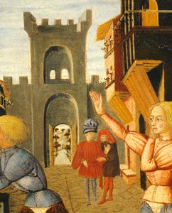 Spiel namens Civettino, Detail der rechten Seite eines Geburtsbretts (rundes Gemälde), um 1450