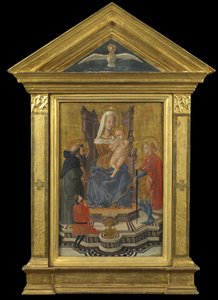 Jungfrau und Kind auf dem Thron, mit den Heiligen Antonius Abt und Julian und einem Stifter (Giebel oben - Heiliger Geist), ca. 1430