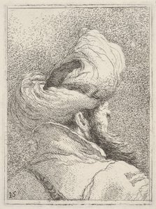 Bärtiger Mann mit Turban, von hinten in Dreiviertelansicht als Büste dargestellt, aus „Sammlung von Köpfen“ (Raccolta di teste) von Giovanni Domenico Tiepolo