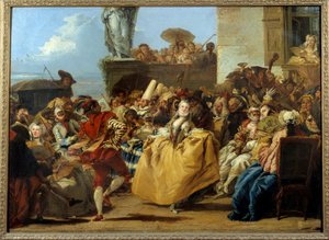 Karnevalsszene oder „Das Menuett“ Tanzszene mit Masken im 18. Jahrhundert. Gemälde von Gian Domenico Tiepolo (1727-1804)
