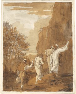 Christus führt Petrus, Jakobus und Johannes auf den hohen Berg zur Verklärung