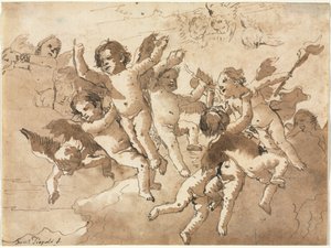 Amor in den Wolken mit begleitenden Cherubinen