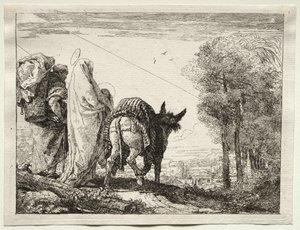 Flucht nach Ägypten: Die Heilige Familie nähert sich einem Dorf von Giovanni Domenico Tiepolo