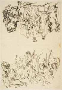 Gefaltetes Blatt mit "Das Martyrium des heiligen Stephanus und Agrippina landet in Brindisi mit der Asche des Germanicus" von Giovanni Domenico Tiepolo