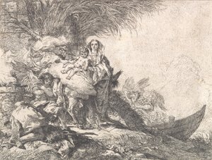 Joseph betet das Christkind an einem rauchenden Altar an, aus der Flucht nach Ägypten, 1752 von Giovanni Domenico Tiepolo
