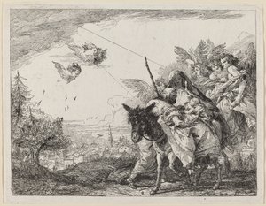 Joseph, stehend, betet das Kind an