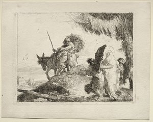 Die Flucht nach Ägypten: Die Flucht mit der Madonna rechts, unterstützt von Engeln von Giovanni Domenico Tiepolo
