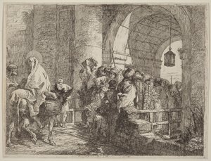 Die Heilige Familie erreicht ein Stadttor von Giovanni Domenico Tiepolo