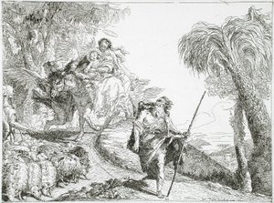 Die Heilige Familie steigt einen Waldweg hinab, nahe einer Herde und einigen Hirten von Giovanni Domenico Tiepolo