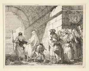Die Heilige Familie unter einem Bogen, verlässt ein Stadttor, aus der Serie Idee pittoresche sopra la fuga in Egitto (Flucht nach Ägypten) von Giovanni Domenico Tiepolo