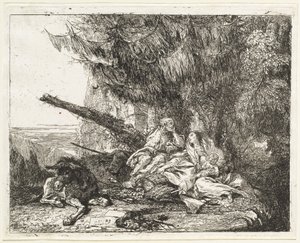 Die Ruhe auf der Flucht, mit der Heiligen Familie unter einem Baum von Giovanni Domenico Tiepolo