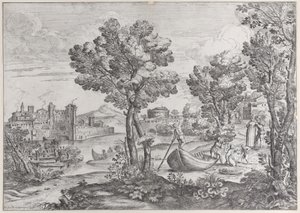 Landschaft mit einem Mann, der eine Schlange zu einem verängstigten Kind hält, beobachtet von einer modisch gekleideten Person, 1626-80 von Giovanni Francesco Grimaldi