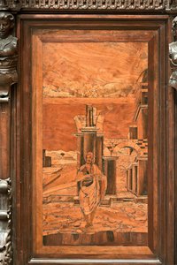 Genua, Duomo (St. Laurentius-Kathedrale), innen, Apsis, Chor, Nordseite: "Der Täufer in der Wildnis", Holzeinlegearbeit von Giovanni Francesco Zambelli (16. Jahrhundert)