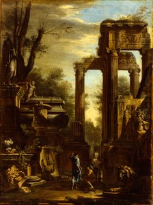 Capriccio von klassischen Ruinen und Statuen mit Figuren im Gespräch
