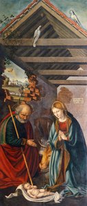 Anbetung des Kindes, zentrales Panel des Triptychons, das die Geburt mit den Heiligen Franziskus und Bartholomäus mit zwei Stiftern darstellt von Giovanni Girolamo Savoldo