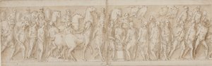 Gefangene Frauen werden weggeführt (Ende von LXXIII); Parade der Leibwache (LXXIV); Marcus Aurelius opfert an einem Altar (LXXV); Marcus Aurelius beobachtet einen Angriff (Beginn von LXXVI) von Giovanni Guerra