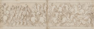 Marcus Aurelius setzt über einen Kai mit Infanterie und Kavallerie (CVIII); die Sarmaten werden von vorrückenden Römern zurückgeschlagen (CIX) von Giovanni Guerra