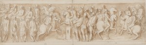 Sarmaten vor dem kaiserlichen Rat (Ende von LXII, Anfang von LXIII); umgeben von Wachen beobachten Marcus Aurelius und Pompeius zu Pferd ein Gefecht (XC); deutsche Adlige bringen eine Nachricht (bis zur Mitte von XCI) von Giovanni Guerra