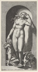 Tafel 10: Venus in einer Nische, stehend auf einer Muschelschale, mit Amor zu ihrer Rechten, aus einer Serie, 1526