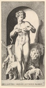 Tafel 2: Ops steht in einer Nische mit den Händen an ihren Brüsten, schaut nach links, mit ..., 1526 von Giovanni Jacopo Caraglio