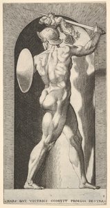 Tafel 9: Mars in einer Nische, hält ein Schwert über seinem Kopf mit dem rechten Arm und einem Schild von Giovanni Jacopo Caraglio