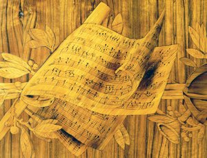 Musikalische Partitur, zentraler Teil der Intarsienarbeit an einer Eckkommode mit einer großen Tür, von Giovanni Maffezzoli, signiert und datiert 1798, Italien