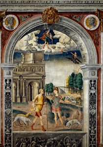 Sternzeichen: „Wassermann“ Oben Medaillons mit Porträts der Kaiser Septimius Severus und Pescennius Niger, seines Rivalen. Unten, Legende zur Entstehung der Konstellation des Zeichens: die Göttin Diana mit einem Jäger von Giovanni Maria Falconetto